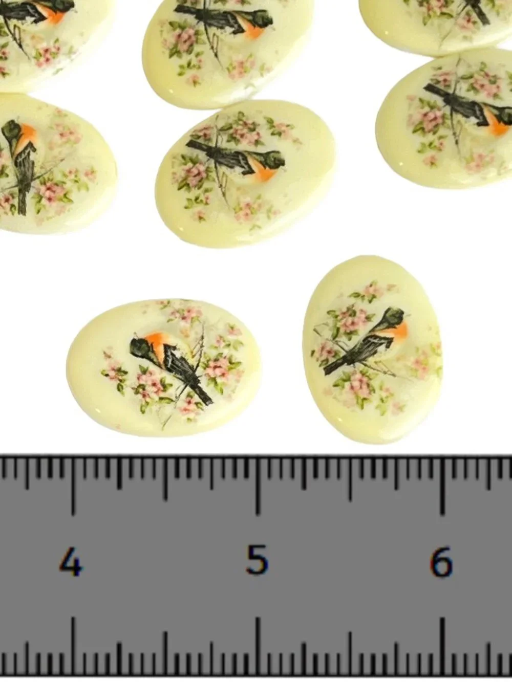 Vintage Style Litho Bird Acrylic Cabochons 25x18 mm - Destash Lot of 8
